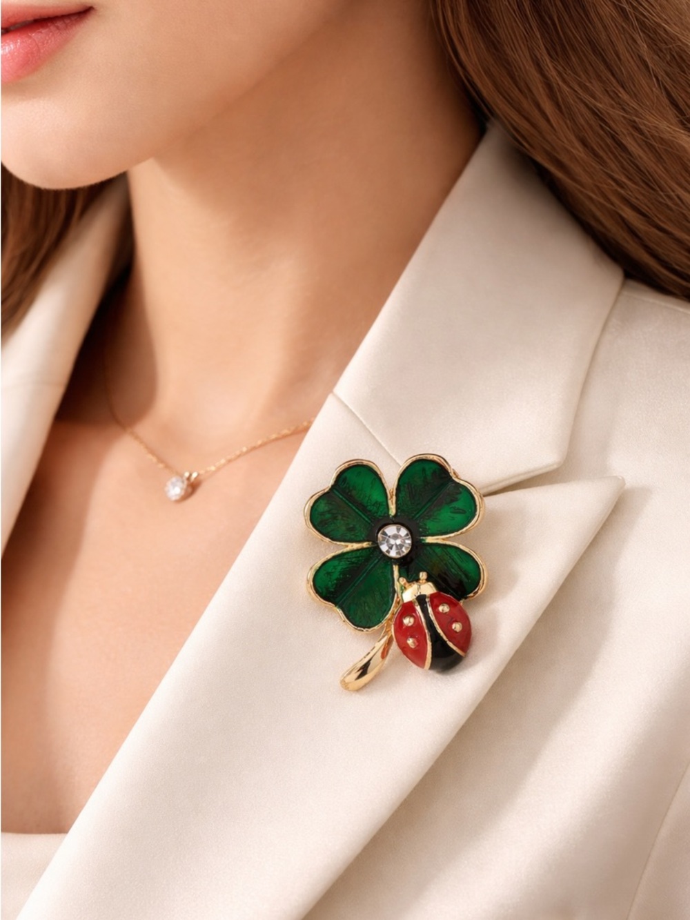 Green Clover Red Ladybug Gold Enamel Brooch